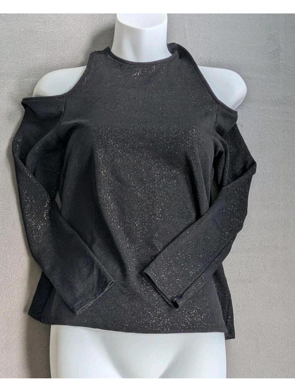 Highline Collective Blouse Womens M Black Glitter Cold Shoulder High Neck Top